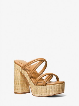 Michael Kors Corrine Leather and Straw Platform Naisten Sandaalit PALE PEANUT | FINWM1843