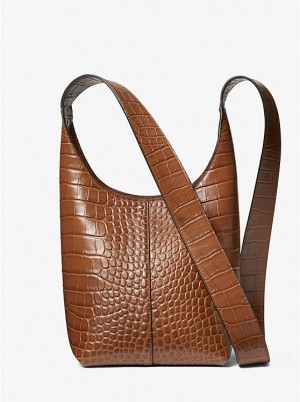 Michael Kors Dede Mini Crocodile Embossed Leather Hobo Naisten Olkalaukku CHESTNUT | FITCM1196