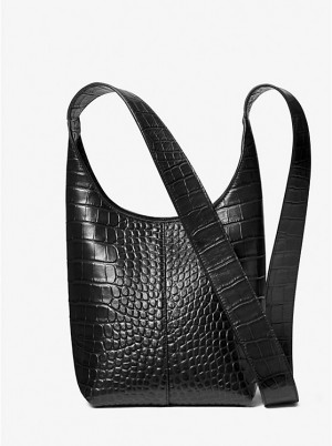 Michael Kors Dede Mini Crocodile Embossed Leather Hobo Naisten Olkalaukku Mustat | FIYXQ1197