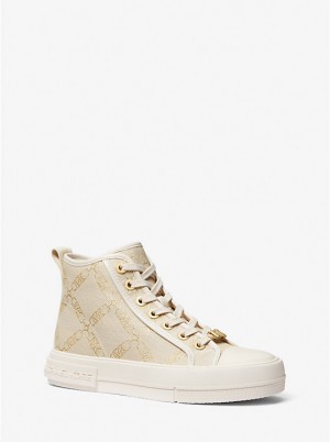 Michael Kors Evy Metallic Empire Logo Jacquard High-Top Naisten Tennarit PALE GOLD/NATURAL | FIGSU1986