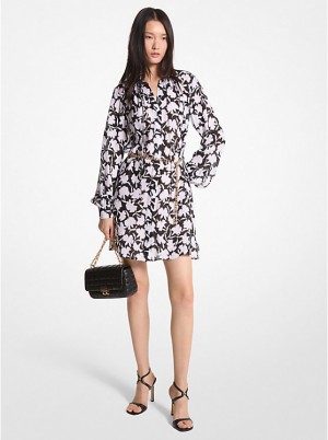 Michael Kors Floral Georgette Midi Naisten Mekko BLACK/WHITE | FIQMK1295