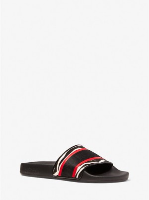 Michael Kors Gilmore Logo Tape and Printed Calf Hair Slide Naisten Sandaalit BLACK/CRIMSON | FIWNC1866