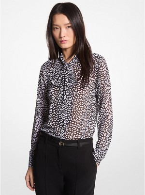 Michael Kors Graphic Leopard Print Georgette Tie-Neck Naisten Pusero BLACK/WHITE | FIWNF1453