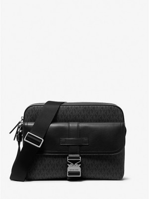 Michael Kors Hudson Signature Logo and Leather Camera Miesten Crossbody Laukku Mustat | FIOKT2119