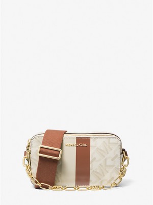 Michael Kors Jet Set Small Empire Signature Logo Stripe Double-Zip Camera Naisten Crossbody Laukku VANILLA/LUGGAGE | FIPJO1097