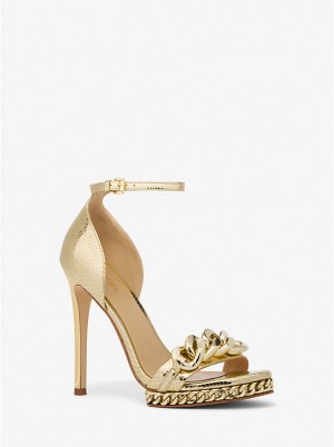 Michael Kors Jordyn Embellished Metallic Snake Embossed Leather Platform Naisten Sandaalit Kultaiset | FIBEZ1891