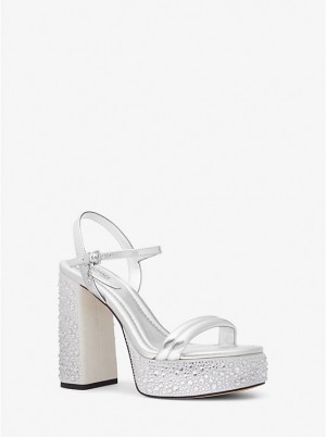 Michael Kors Laci Embellished Metallic Leather Platform Naisten Sandaalit Hopea | FIGSU1905