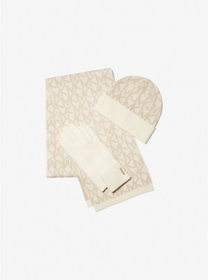 Michael Kors Logo Jacquard Scarf, Beanie and Gloves Gift Set Naisten Hattu BONE | FIMQW1009