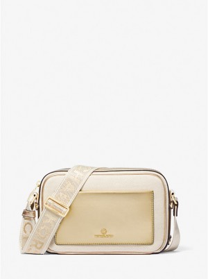 Michael Kors Maeve Large Canvas and Metallic Naisten Crossbody Laukku PALE GOLD/NATURAL | FIBEV1111