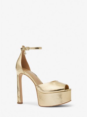 Michael Kors Martina Metallic Snake Embossed Leather Peep-Toe Platform Pump Naisten Sandaalit Kultaiset | FITCM1924