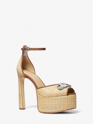 Michael Kors Martina Straw Peep-Toe Platform Pump Naisten Sandaalit NATURAL/LUGGAGE | FIYXM1925