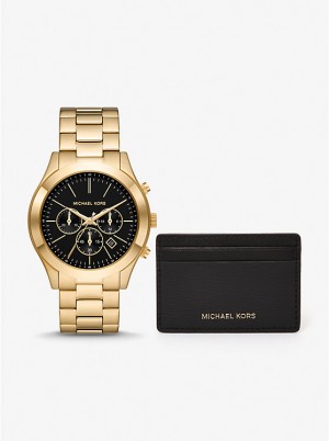 Michael Kors Oversized Slim Runway and Card Case Gift Set Naisten Kello BLACK/GOLD | FIVRO1637