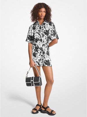 Michael Kors Palm Print Satin Romper Naisten Mekko BLACK/WHITE | FIGSY1310