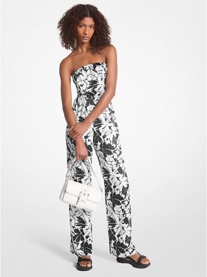 Michael Kors Palm Print Satin Tie-Back Jumpsuit Naisten Mekko BLACK/WHITE | FIHAU1311