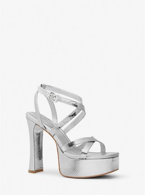 Michael Kors Paola Metallic Snake Embossed Leather Platform Naisten Sandaalit Hopea | FIZUF1939