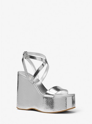 Michael Kors Paola Metallic Snake Embossed Leather Wedge Naisten Sandaalit Hopea | FIXYG1940