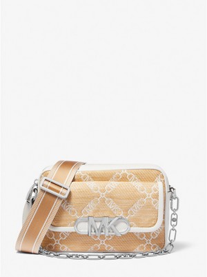 Michael Kors Parker Medium Empire Logo Jacquard Straw Naisten Crossbody Laukku NAT/OPTICWHT | FISGD1128