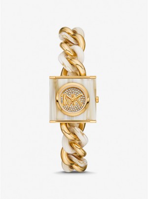 Michael Kors Petite Lock Pavé Gold-Tone and Acetate Chain Naisten Kello HORN | FITCM1655