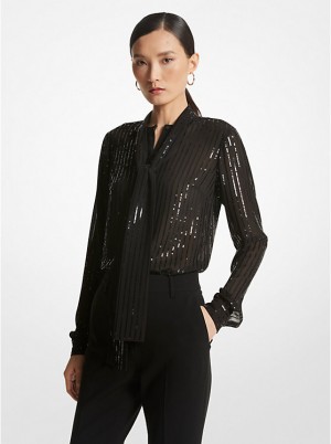 Michael Kors Pinstripe Sequined Georgette Tie-Neck Naisten Pusero Mustat | FIEBG1454