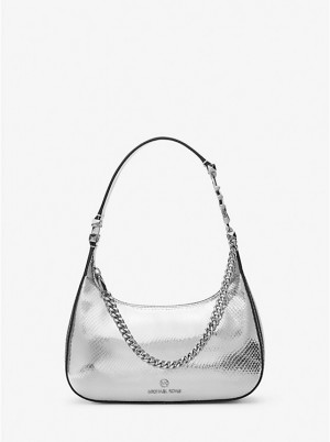 Michael Kors Piper Small Metallic Snake Embossed Leather Naisten Olkalaukku Hopea | FIDFI1231