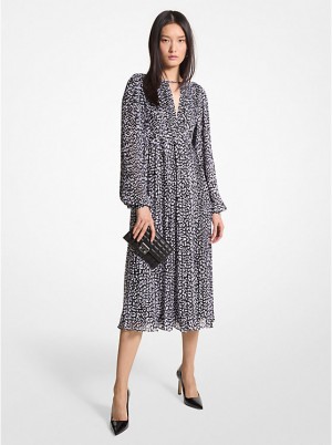 Michael Kors Pleated Leopard Print Georgette Midi Naisten Mekko BLACK/WHITE | FICTD1317