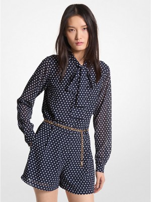 Michael Kors Polka Dot Georgette Belted Tie-Neck Romper Naisten Mekko MIDNIGHTBLUE | FIVRF1318