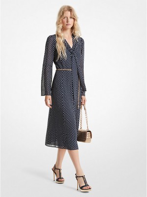 Michael Kors Polka Dot Georgette Tie-Neck Midi Naisten Mekko MIDNIGHTBLUE | FIBEG1319