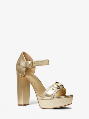 Michael Kors Rory Metallic Leather and Signature Logo Platform Naisten Sandaalit Kultaiset | FILIQ1953