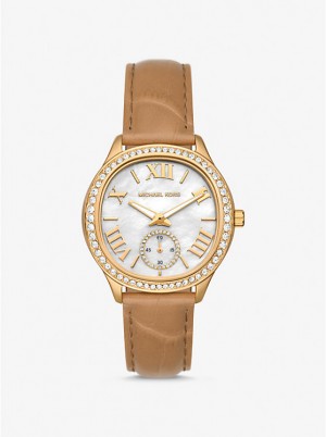 Michael Kors Sage Pavé Gold-Tone and Crocodile Embossed Leather Naisten Kello PEANUT | FIAHG1670