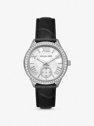 Michael Kors Sage Pavé Silver-Tone and Crocodile Embossed Leather Naisten Kello Mustat | FIDFJ1672