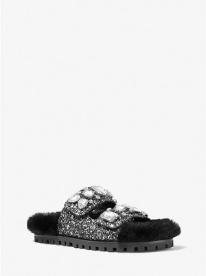 Michael Kors Stark Embellished Glitter and Faux Fur Slide Naisten Sandaalit BLACK/SILVER | FIUZD1965