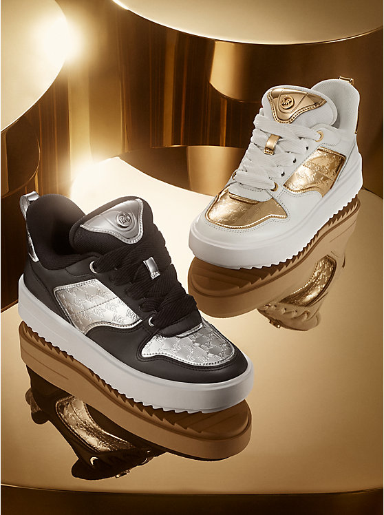 Michael Kors Rumi Leather and Logo-Embossed Metallic Platforms Naisten Tennarit Hopea | FIHAW2008